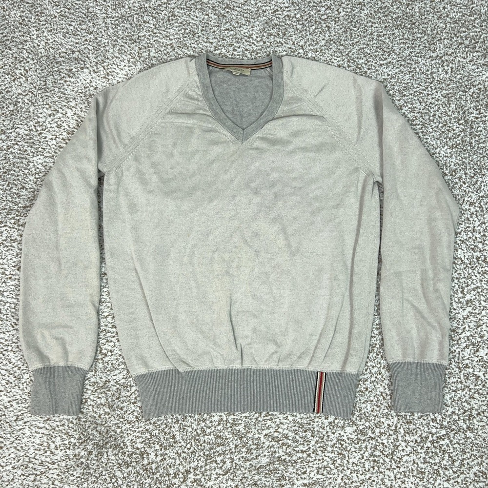 Burberry London Sweater Mens Medium Gray V Neck Cotton Pullover Lightweight